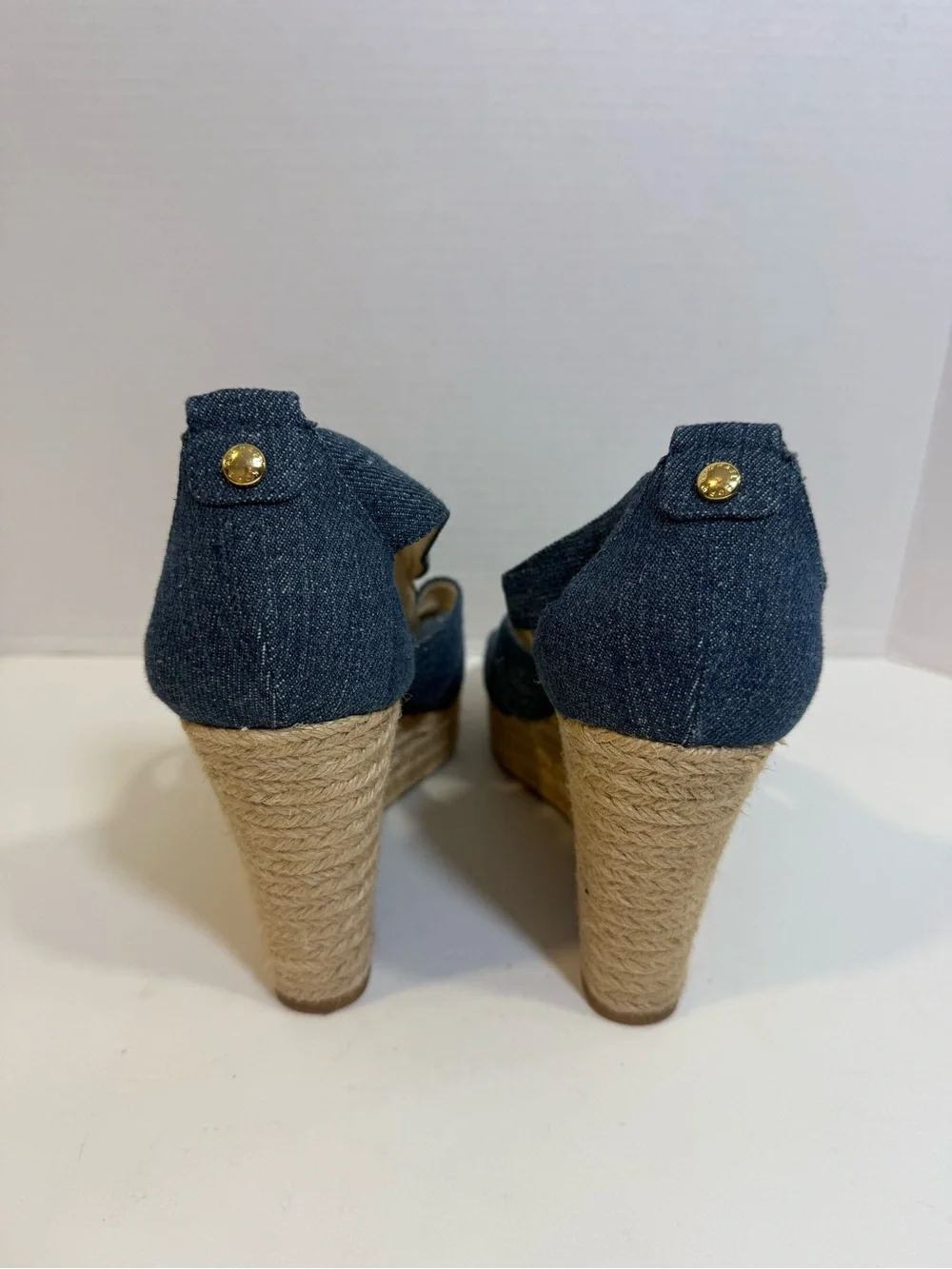 Michael Kors Womens 9.5 Denim Espadrille Wedge Sandals Zip Front Blue Heels